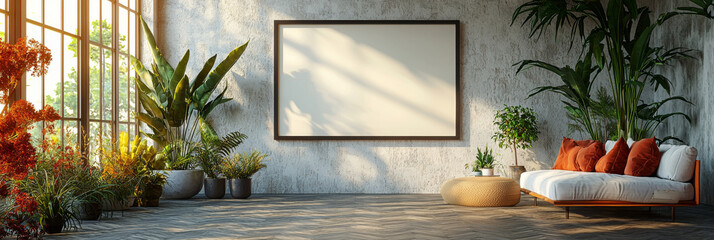 Minimalist living room with a large blank canvas and plants.