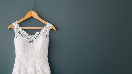 Wall Mural - Elegant lace dress hanging on a sleek velvet hanger, neatly arranged against soft grey wall