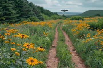 Wall Mural - A drone flies over a field of yellow flowers