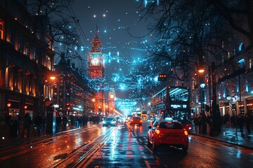 Wall Mural - A busy city street at night with a red car driving down the road