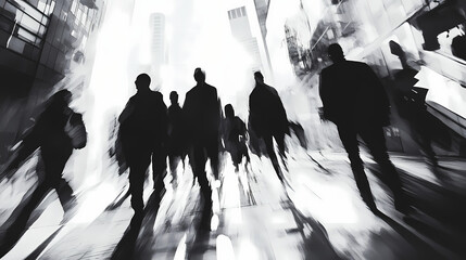 Group of shadowy silhouette people busy street downtown abstract motion walking. Shadowy. Illustration