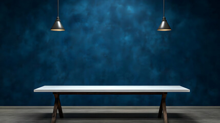 A Minimalist White Tabletop with Wooden Legs Placed in Front of a Deep Blue Textured Wall, Illuminated by Two Hanging Pendant Lamps