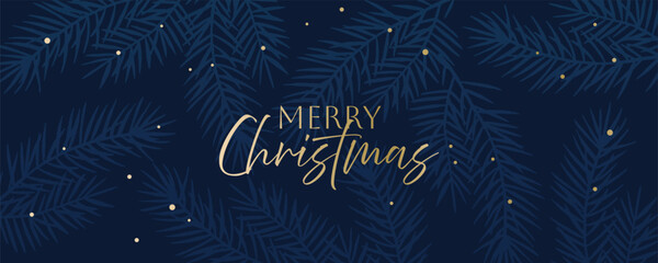 Merry Christmas dark blue background with pine branches and gold details. Holiday greeting banner design for Christmas celebration.