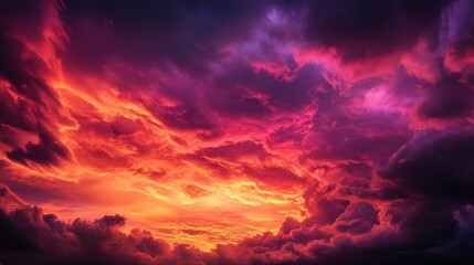 A captivating sunset sky, ablaze with vibrant hues of orange, red, and purple, creating a dramatic and awe-inspiring spectacle. The clouds dance across the canvas, symbolizing energy, passion, transfo