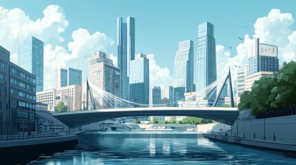 Wall Mural - Majestic Urban Landscape with Towering Skyscrapers and Reflective Bridge