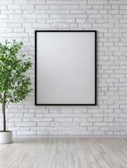 Poster - Blank frame on a white brick wall.