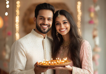 Sticker - young indian couple holding oil lamps plate