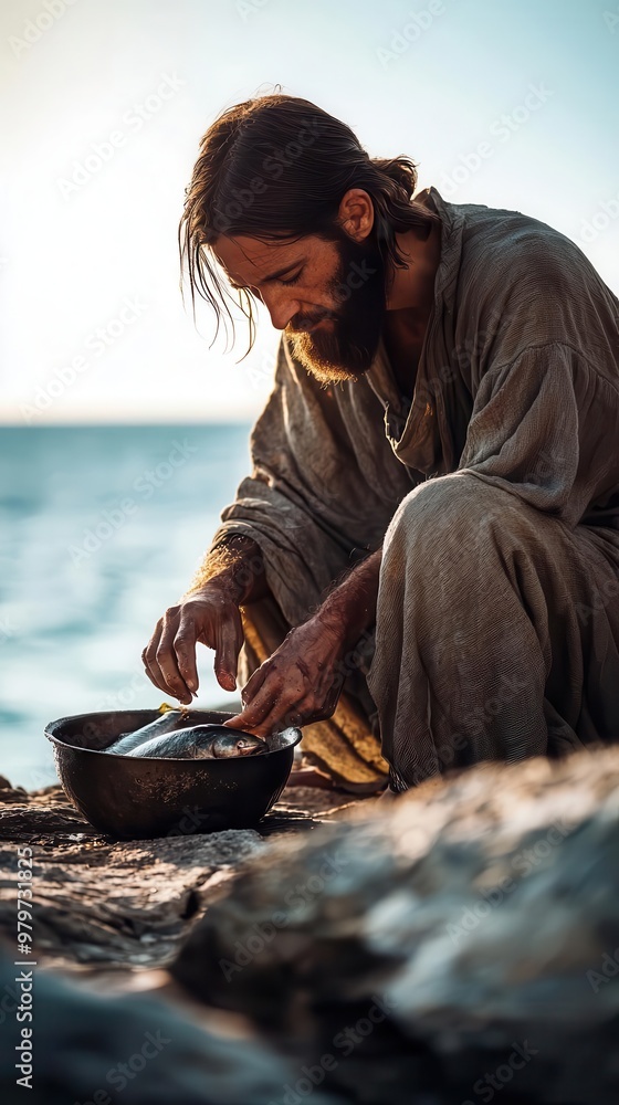 Jesus appearing by the Sea of Galilee, cooking fish for his disciples ...