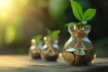 A glass jar filled with coins and a green plant, symbolizing growth and financial prosperity in a natural setting.