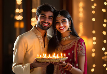 Sticker - young indian couple holding oil lamps plate