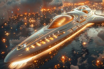Wall Mural - a large ship with a gold dome on top is flying through the sky