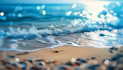 Wall Mural - Serene summer beach scene with blurred sandy shores and vibrant blue sea enhanced by a dreamy bokeh effect