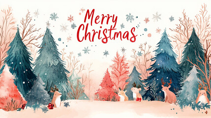 Poster - Christmas card cover with watercolor trees and the text 