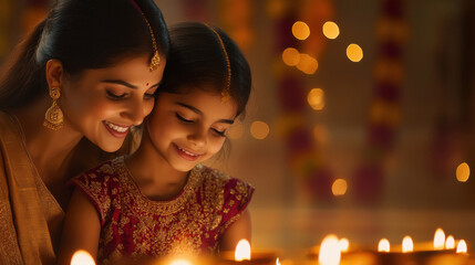 Poster - indian mother and daughter celebrating diwali festival together