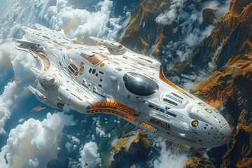 Wall Mural - a white and orange spaceship is flying through the sky