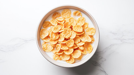 Poster - Close-Up of Cornflakes in Milk Bowl on Clean Marble Surface for Simple Nourishment and Minimalist Design with Copy Space