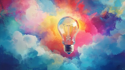 A glowing light bulb shines brightly against a colorful background of clouds, symbolizing creativity, inspiration, innovation, imagination, and potential.