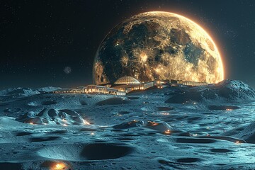 Wall Mural - a large moon is in the sky above a city on a planet