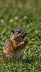 Wall Mural - Ground squirrel eating in a green field.