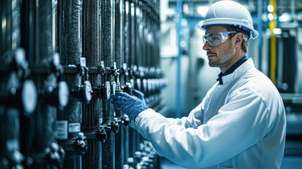 Poster - Modern Engineer Inspecting Water Treatment Plant Outdoors with Tablet Industrial Infrastructure and Environmental Control Concept