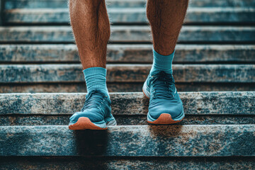 A man wearing blue shoes and socks is standing on a set of stairs