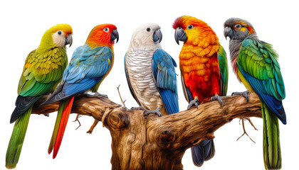 Naklejka na meble  Varieties of Parrots: Lorikeets and Macaws Perched on a Tree Trunk Isolated on white background