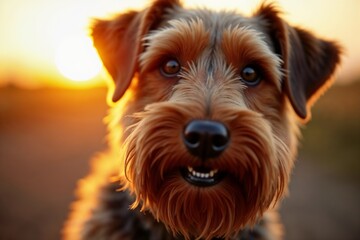 A close-up photo of a cute dog with an expressive face, captured during the golden hour, the warm light highlighting the dog's fur and adding a charming glow.