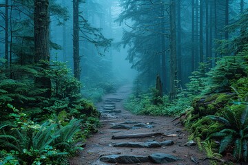 Wall Mural - A forest path is shown in the rain, with trees on either side