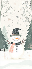 Poster - Illustration of a snowman in a forest, with a white background featuring pine trees and stars