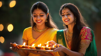 Poster - two indian woman celebrating Diwali with lighting oil lamps