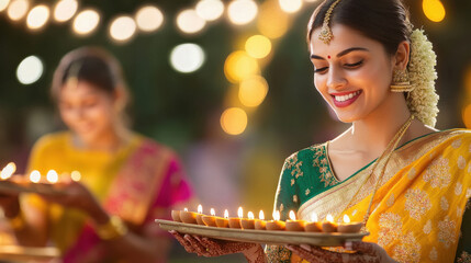 Poster - two indian woman celebrating Diwali with lighting oil lamps