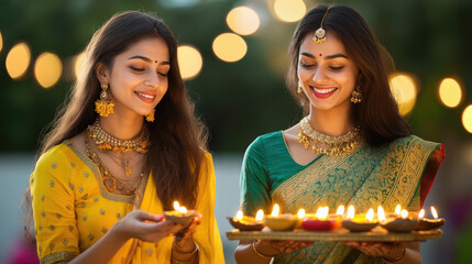 Poster - two indian woman celebrating Diwali with lighting oil lamps