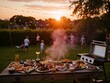© Derek Brumby - A lively scene of a family enjoying a delicious barbecue in their backyard. The sun is setting, creating a beautiful ambiance while children play and food is being grilled.