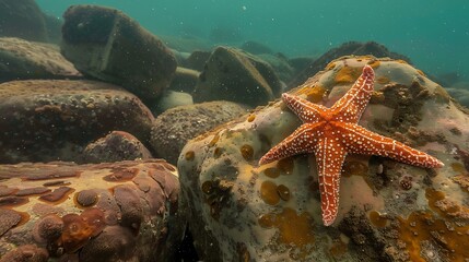 A starfish underwater over boulders