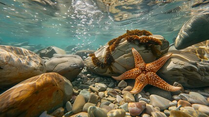 Wall Mural - A starfish underwater over boulders