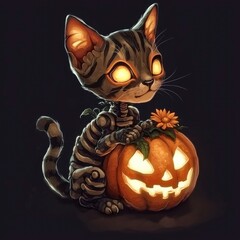 Wall Mural - Skeletal Cat Holding Jack-O-Lantern Pumpkin