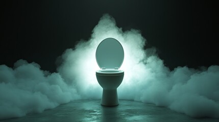 Wall Mural - A white toilet stands illuminated in a surreal setting of swirling fog, symbolizing mystery, transformation, and the unknown. The ethereal ambiance evokes a sense of tranquility and reflection.