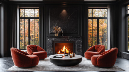 Sticker - Cozy living room with fireplace and fall foliage view.