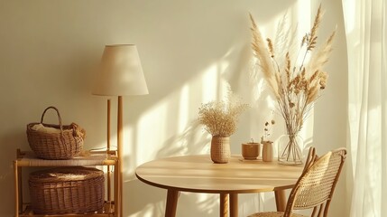 A cozy interior scene featuring a wooden table, soft lamp, and stylish decor, bathed in warm sunlight for a serene atmosphere.