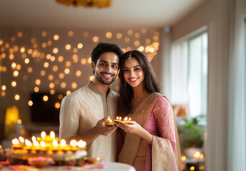 Poster - young indian couple holding oil lamps plate