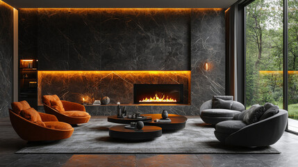 Wall Mural - Modern living room with a fireplace and large windows.