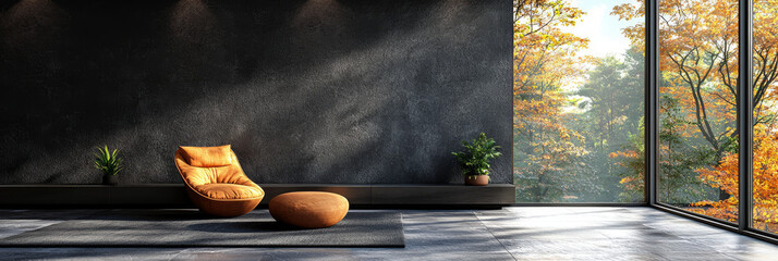 Sticker - Modern living room with a plush orange chair and a view of fall foliage.