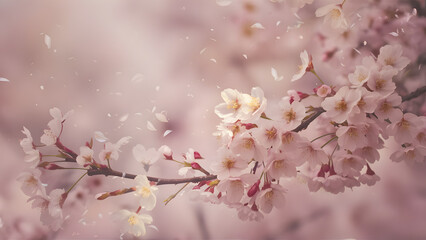 Cherry blossoms blooming in a spring garden with pink flowers on branches under a blue sky