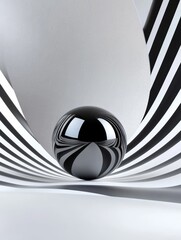 Wall Mural - abstract black and white sphere resting on a curved surface, symbolizing balance, perspective, minim