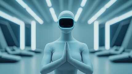 Wall Mural - A woman in a white robot suit is praying in a room with neon lights