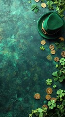 Celebrate St. Patrick's Day with a festive banner featuring shamrocks, a leprechaun hat, and gold coins on a green background. Perfect for any party or event!