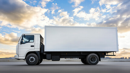 Side View of White Delivery Truck. A side view of a white delivery truck against a sky with clouds, suitable for logistics, delivery services, or event planning.