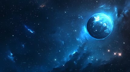 mysterious space background with dark blue and black nebulae, bright stars, and shadowy voids. shado
