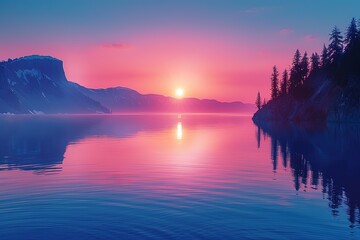 Sticker - A beautiful sunset over a lake with a mountain in the background