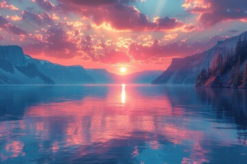 Wall Mural - A beautiful sunset over a lake with mountains in the background